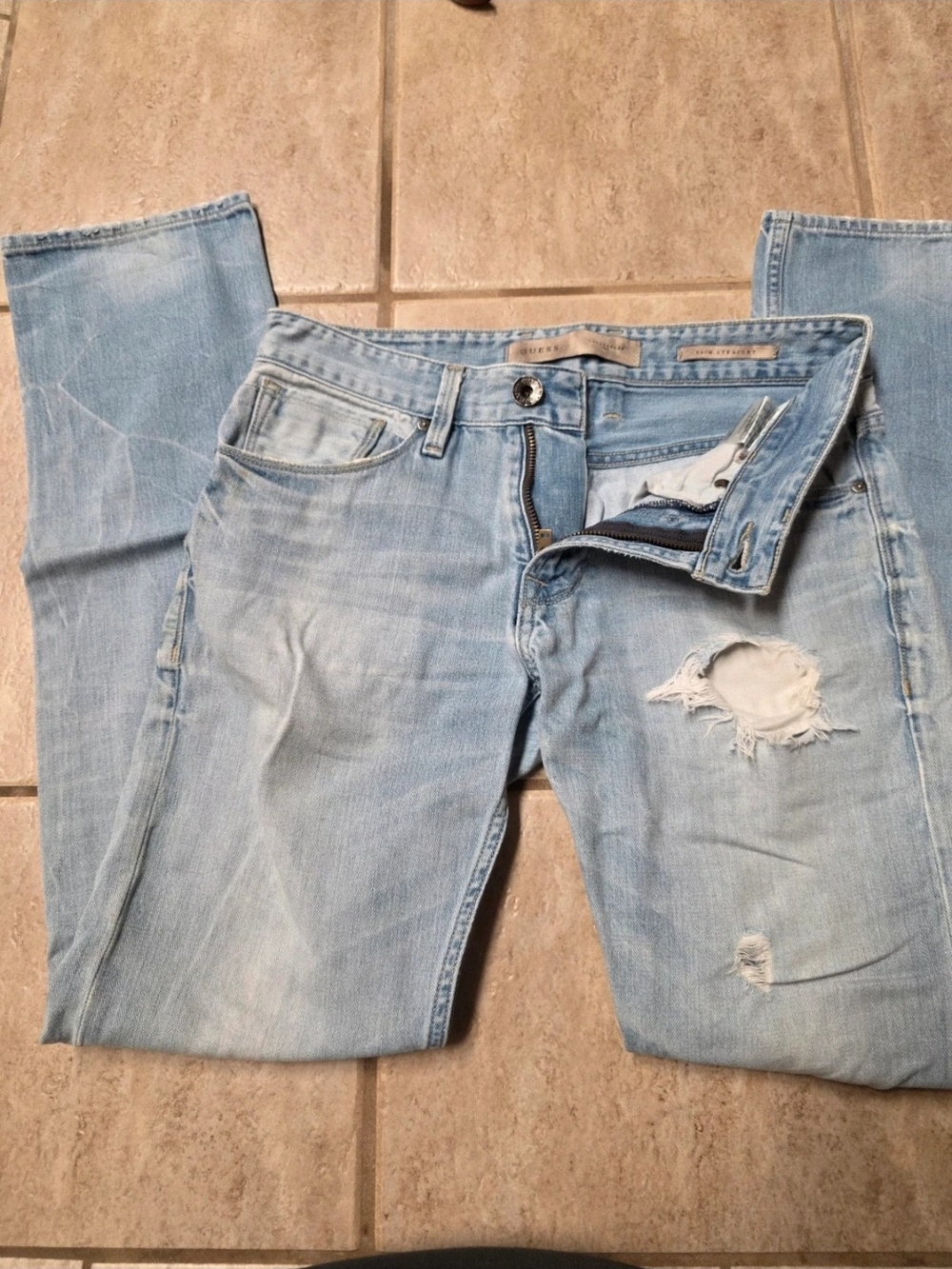 Guess Light Blue Slim Straight Distressed Jeans